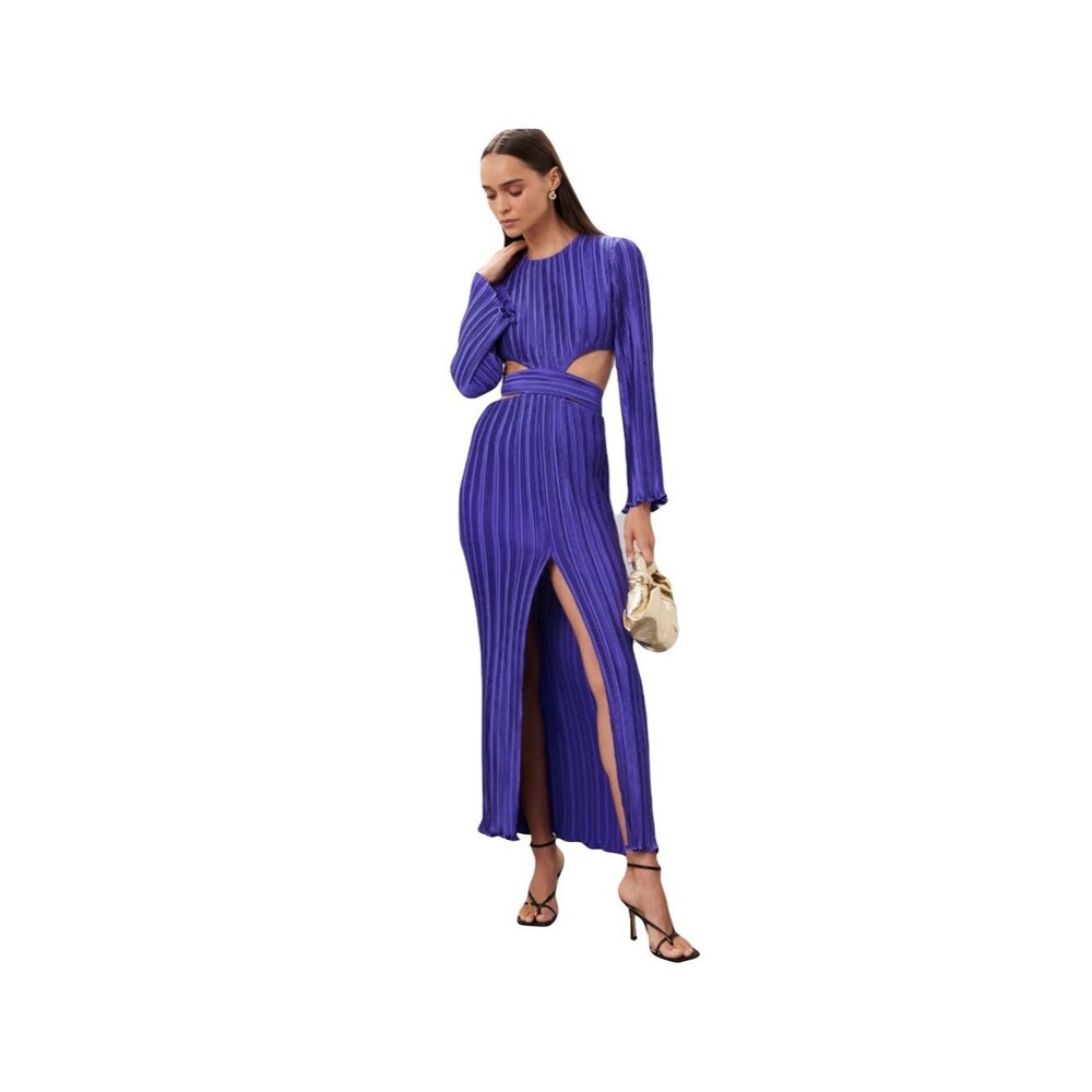 Aiifos size 12 Royal Blue Purple Pleated satin maxi dress long sleeve open side